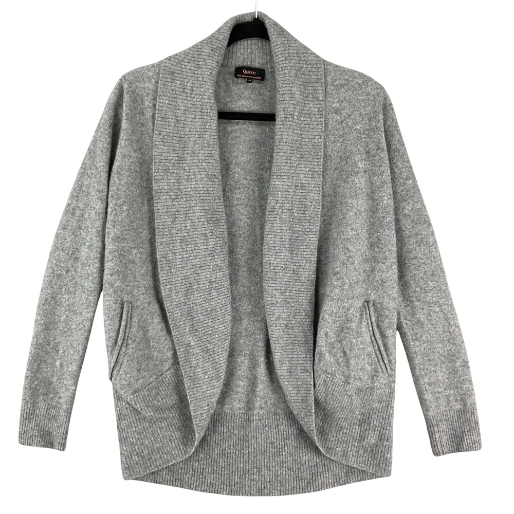 Quince Cardigan Women M Gray 100% Mongolian Cashmere Shawl Open Front Pocket